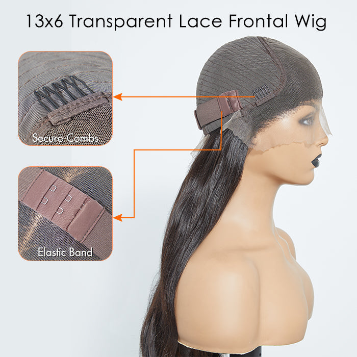 13x6 Glueless 3D Cap Pre-bleached Body Wave Transparent Lace Front Wig 150% Density